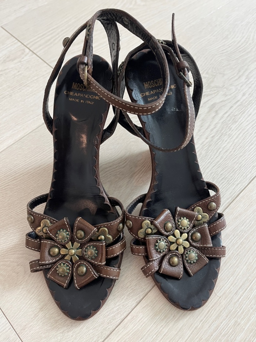 Vintage Moschino Brown Floral Studded Ankle-Strap Heels